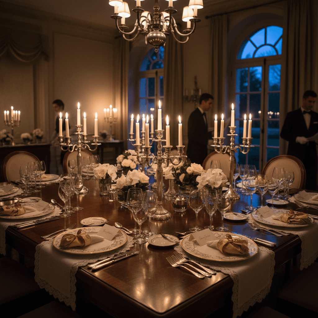 Private luxury dinner event with elegant table settings