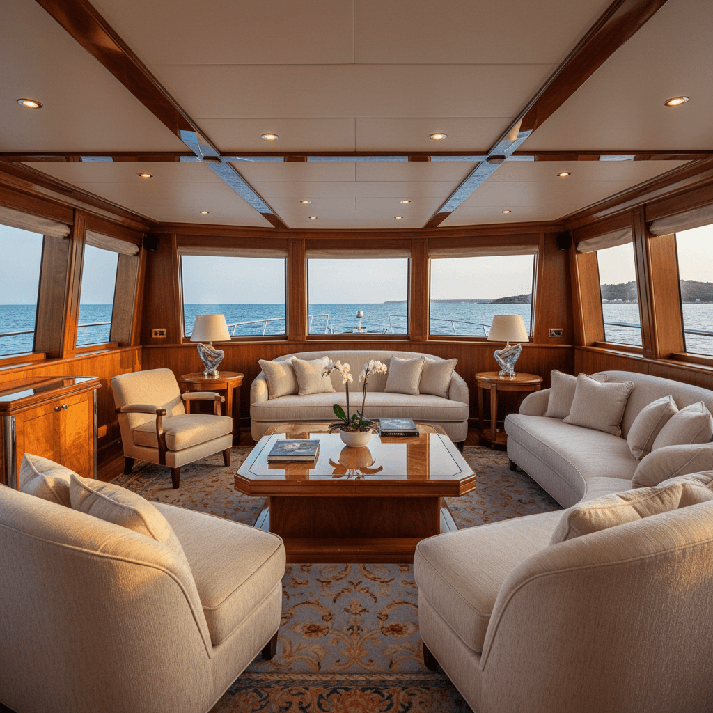 Luxury private yacht with upscale interior design
