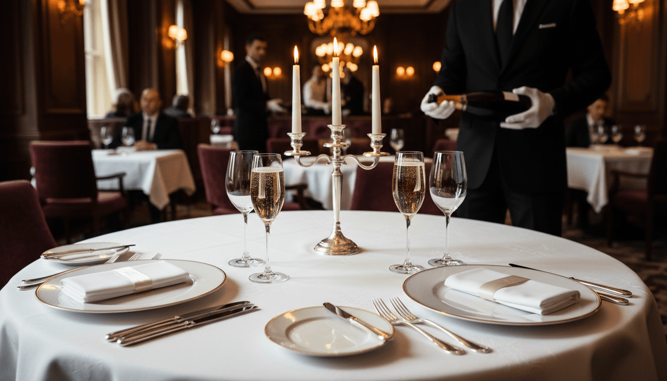 Fine dining table setting with champagne and elegant plating