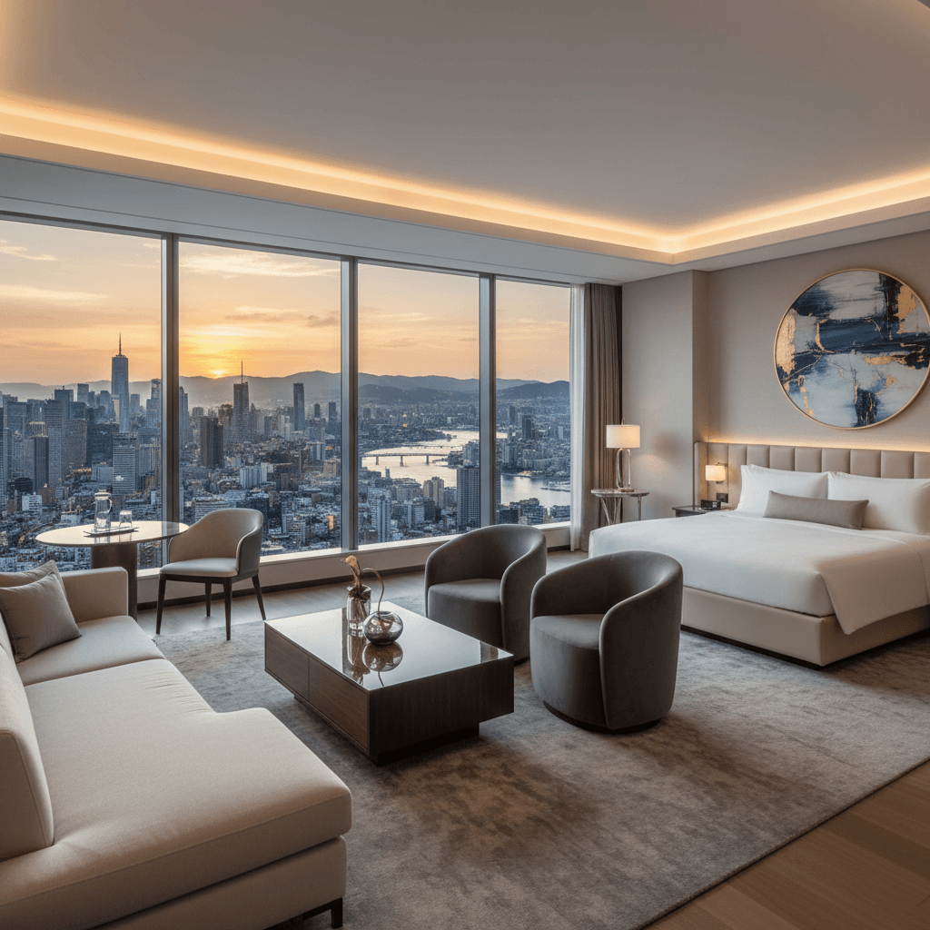 Luxury five-star hotel suite with panoramic city views