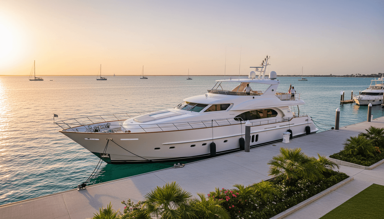 Pristine mega-yacht moored at luxury marina dock during golden hour with calm turquoise waters