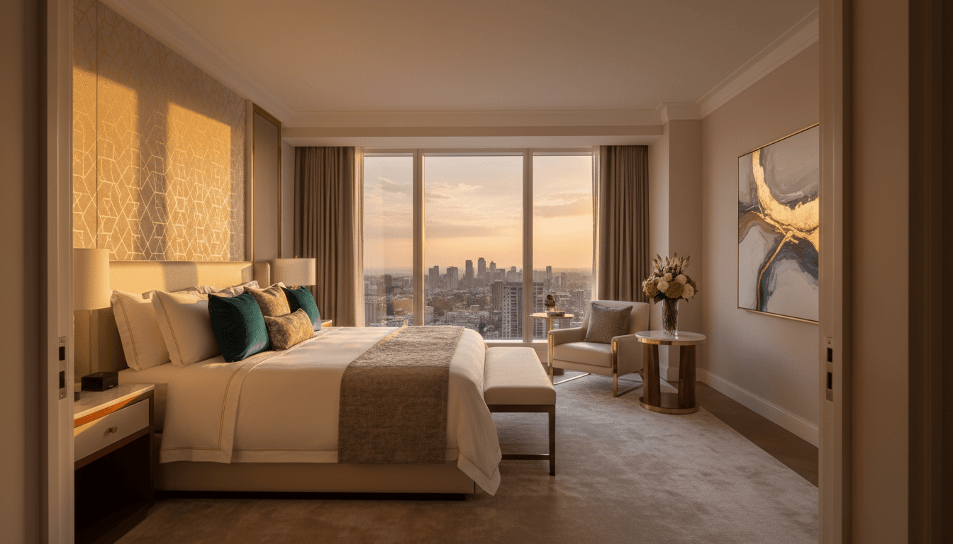Luxury hotel suite with panoramic city views