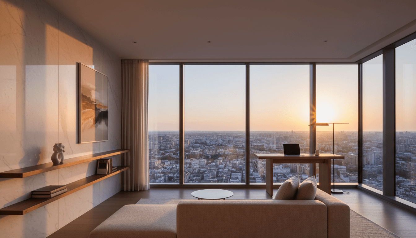 Luxury hotel suite with city view and elegant decor
