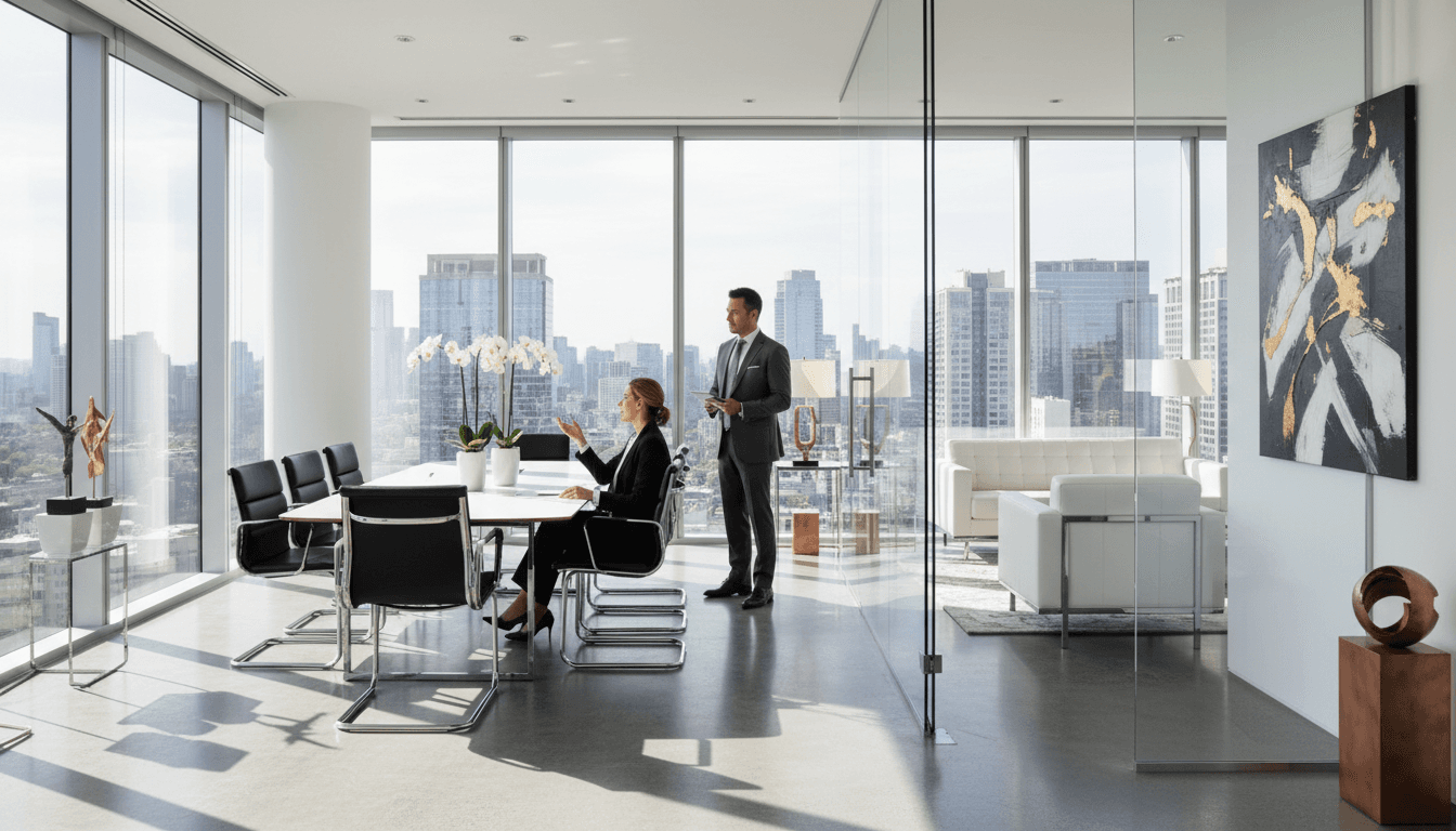 Professional luxury concierge consultant meeting with client in elegant modern space