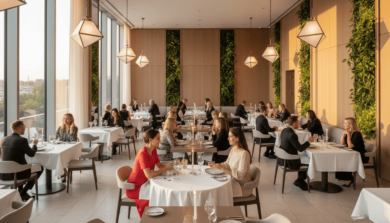Elegant luxury dining room with sophisticated table setting and warm lighting